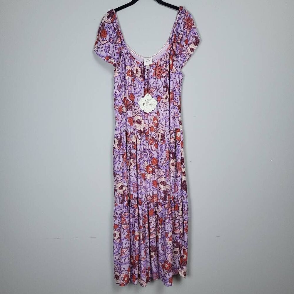 Knox Rose Womens Tiered Midi Dress Size Small Purple Floral Cottagecore Boho NWT